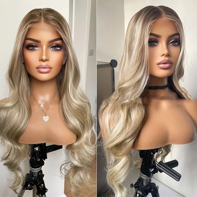 

Синтетический парик с кружевной основой, цвета пепельного и платинового блонда, с темными корнями, предварительно выщипанный, реалистичная естественная линия волос, для женщин, при выпадении волос и алопеции