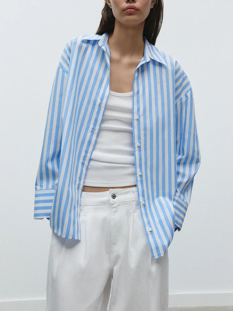 

Новое весеннее поступление, женская универсальная полосатая шелковая блузка с длинным воротником-светом, свободная посадка, обычная