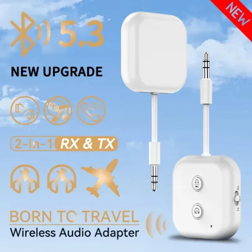 2-in-1 Bluetooth 5.3 Audio-Empfänger und -Sender Multipoint Wireless Adapter mit Mikrofon 3,5-mm-AUX-Stereo-Musik für Auto, Flugzeug, Fernseher