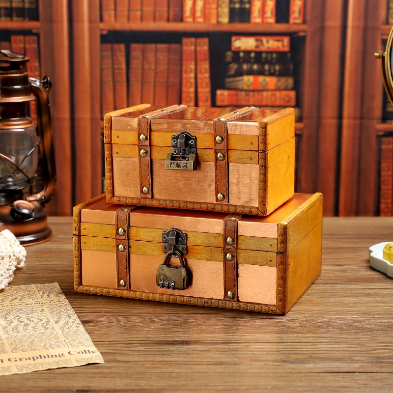 Vintage Suitcase Handmade Wooden Storage Box with Lock European Style Treasure Case Jewelry Chest Photography Props Gifts Cases