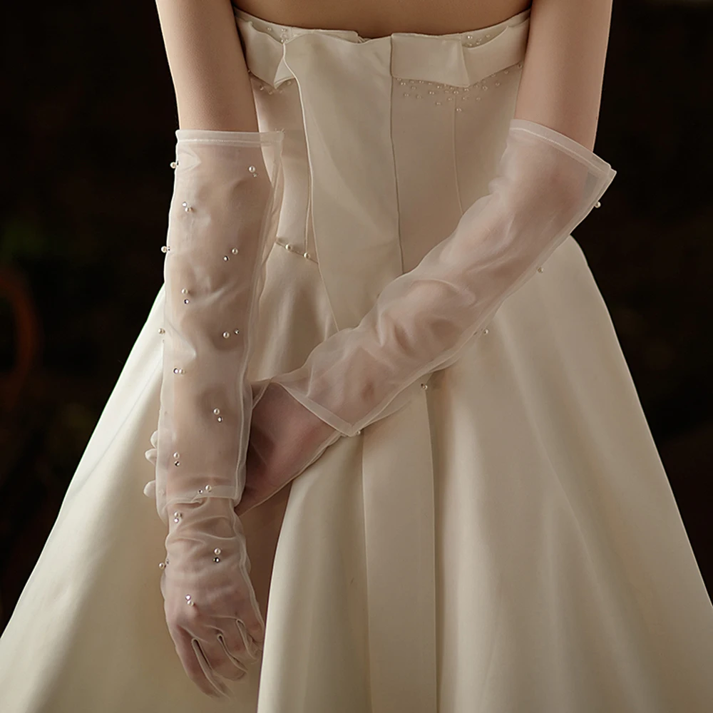 Wg077 Hochzeit Braut Oper Handschuhe Tüll Perlen Perlen weiße Brautjungfer Finger handschuhe Frauen Festzug Abschluss ball führen Handschuh