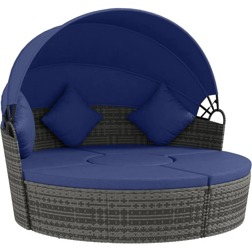 

Round Rattan Daybed Patio Furniture Set with Adjustable Sunshade, Sectional Sofa, 2 Chairs, Extending Table, Ottoman, and 3 Pill
