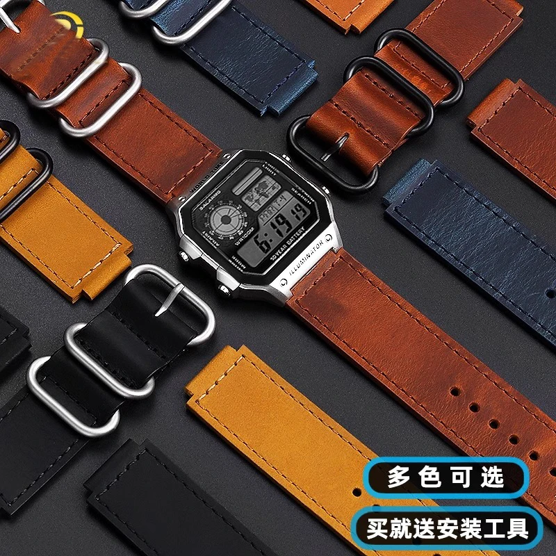 18mm pasek ze skóry bydlęcej do Casio mały kwadratowy pasek AE1200 AE1300 1400 1500 F-108/W-218 A158/A168 vintage skórzana bransoletka z paskiem
