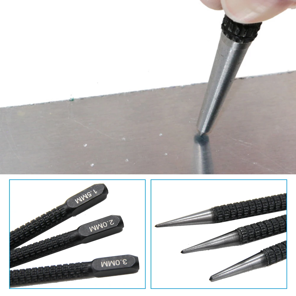 3PC Center Punch Positioning Punch Drilling Fixer nero cilindrico Nail Punch Pin Tool accessori