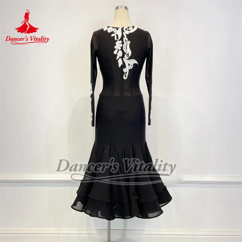 فستان نسائي من Foxtrot Waltz Tango للتدريب على الأداء والممارسة ملابس مخصصة لحيوية الراقصة باللون الأسود للرقص الاجتماعي ملفوفة على الورك