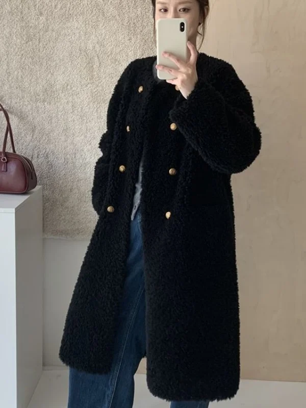 

Модное пальто средней длины из овечьей шерсти, свободного кроя, универсальное, теплое, зимнее, новая модель, корейский стиль, с завышенной талией, длинными рукавами, круглым вырезом, J...