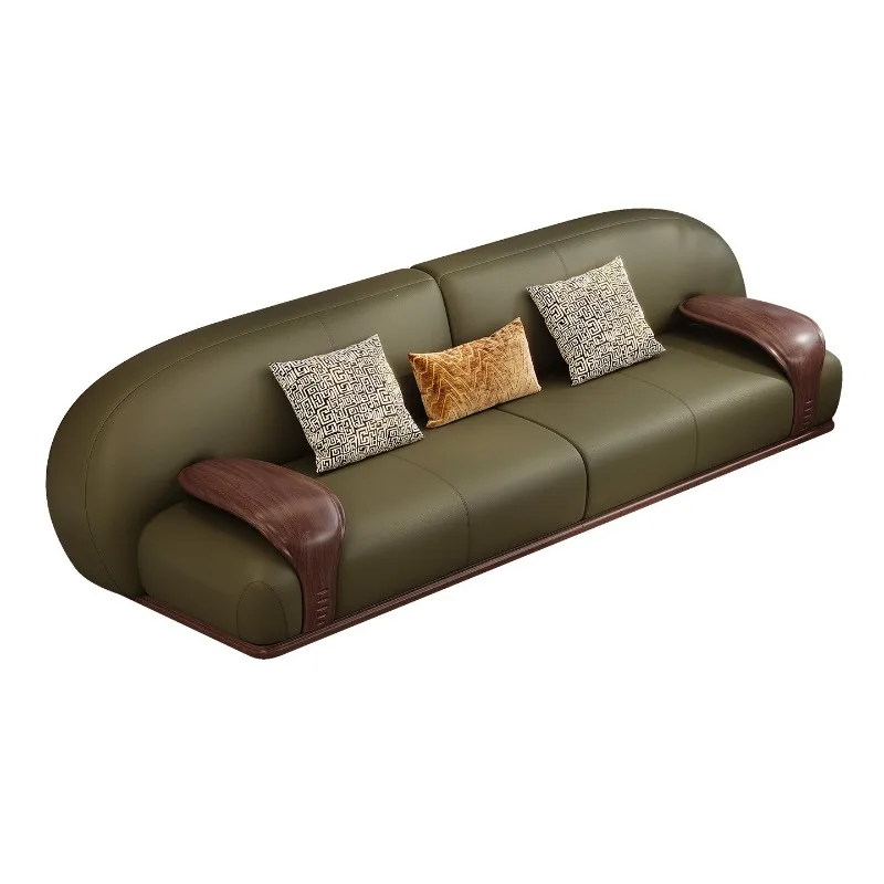 North American black walnut modern simple first-layer leather sofa, three-person green leather sofa, living room furniture retro