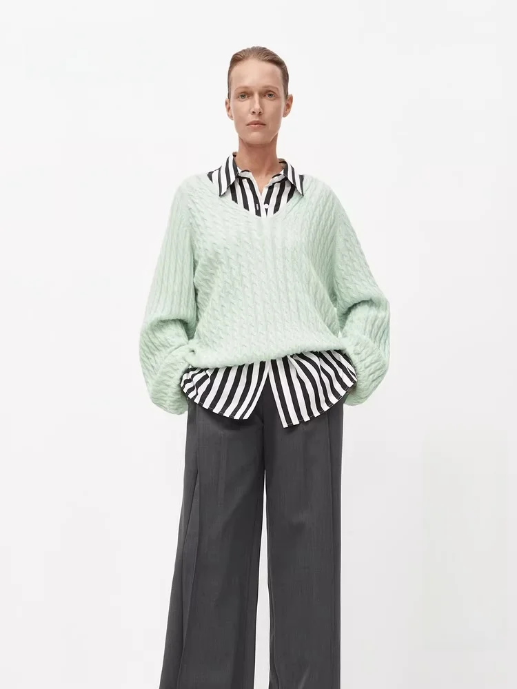 

Edition Women's Camere Sweater Deep V-ne Autumn Sle Twist Knit Long Sve Regular Length Overhead Faion Premium Wool