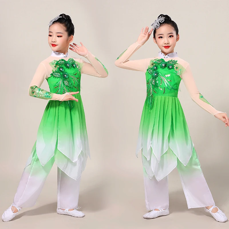 Meninas estereoscópico flor clássica trajes de dança chinesa folclórica jasmim yangko trajes fã dança elegante lantejoulas traje de dança