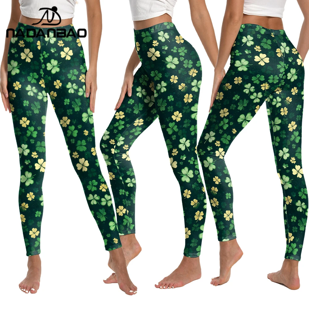 Nadanbao женские леггинсы с ирландским зеленым клевером и листьями, брюки с 3D принтом трилистника, вечерние брюки на день Святого Патрика, эластичные обтягивающие брюки для йоги