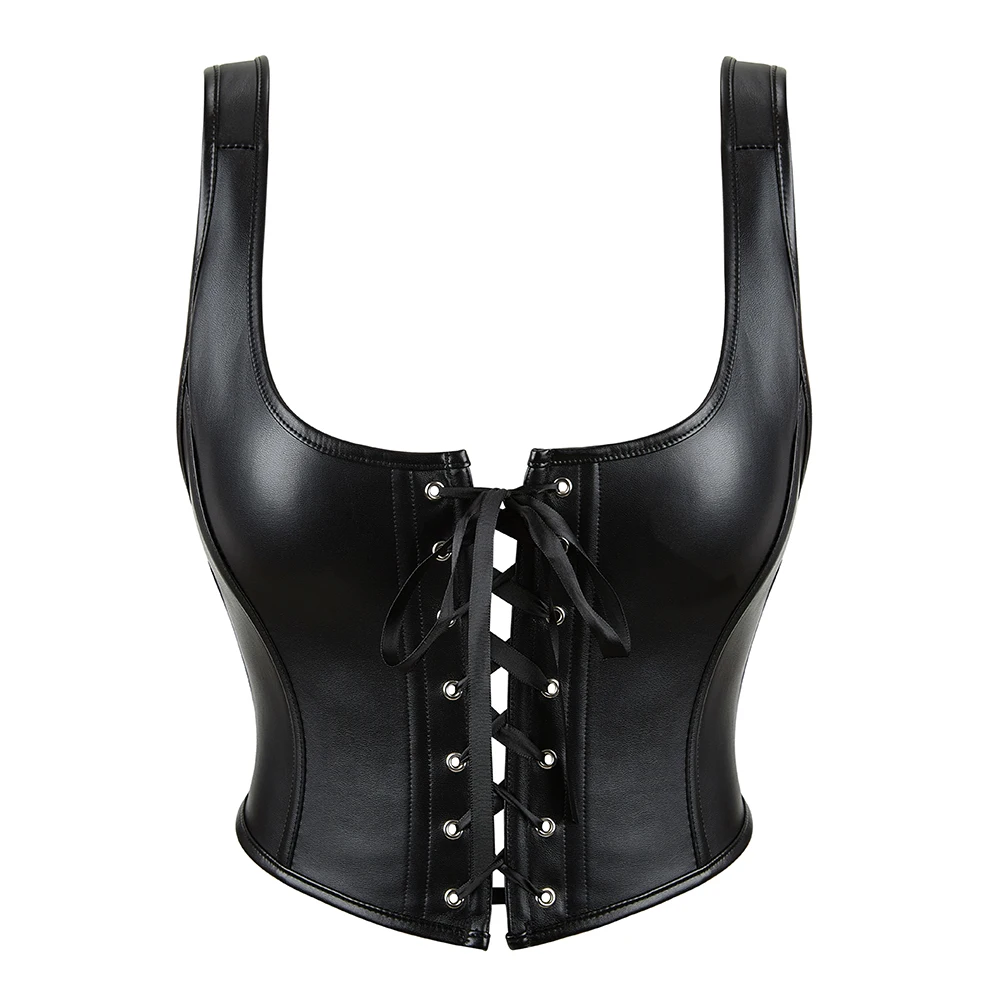 Black Leather Crop Top Women Hollow Backless Camisole Summer Vest Fashion Club Party Wear Tank Tops