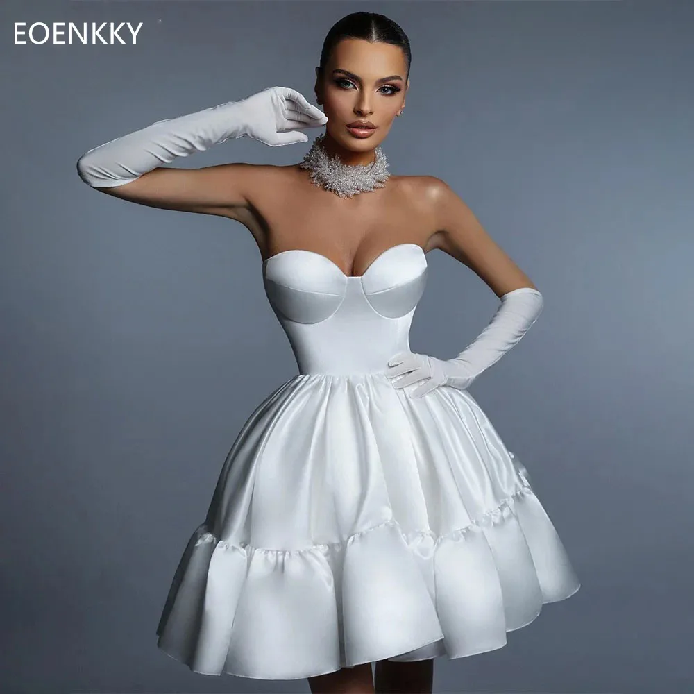 Vestido de fiesta de boda corto sencillo, vestidos de fiesta sin mangas con cuello de corazón de satén blanco para eventos especiales personalizados