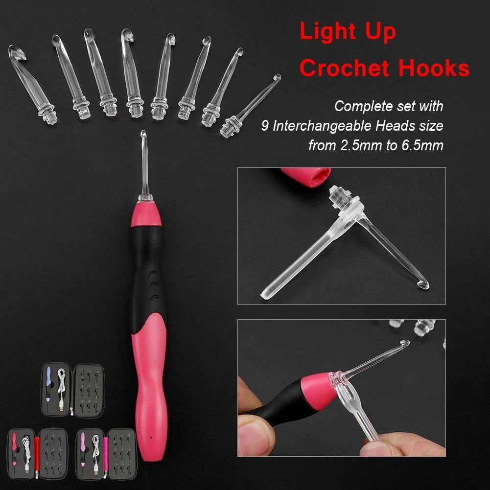 Ganchos de ganchillo 9 en 1 con luz USB, agujas de tejer, conjunto de herramientas de costura LED, Kit de herramientas para tejer suéter, accesorios de costura