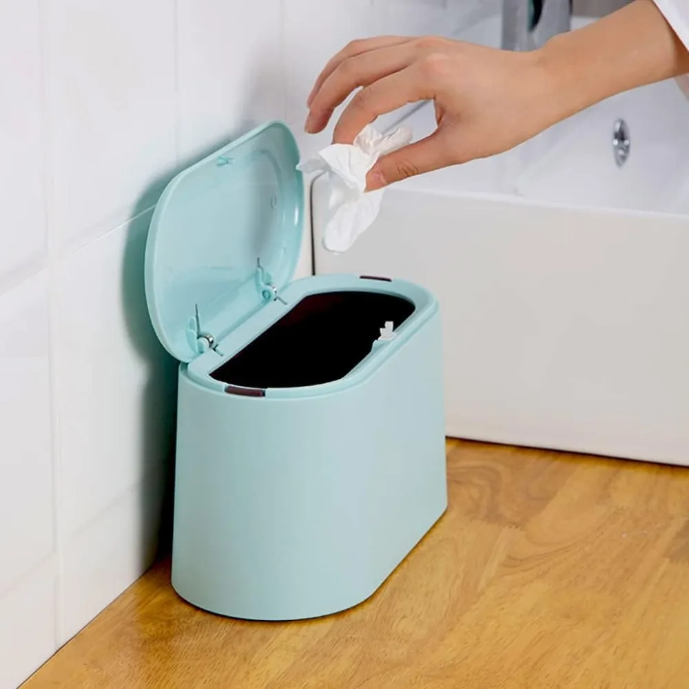 Mini Pop Up Trash Can with Lid Removable Small Garbage Bin Tiny Plastic Waste Basket for Countertop Desk Bathroom Office Kitchen Coffee Table Sky Blue - view 3