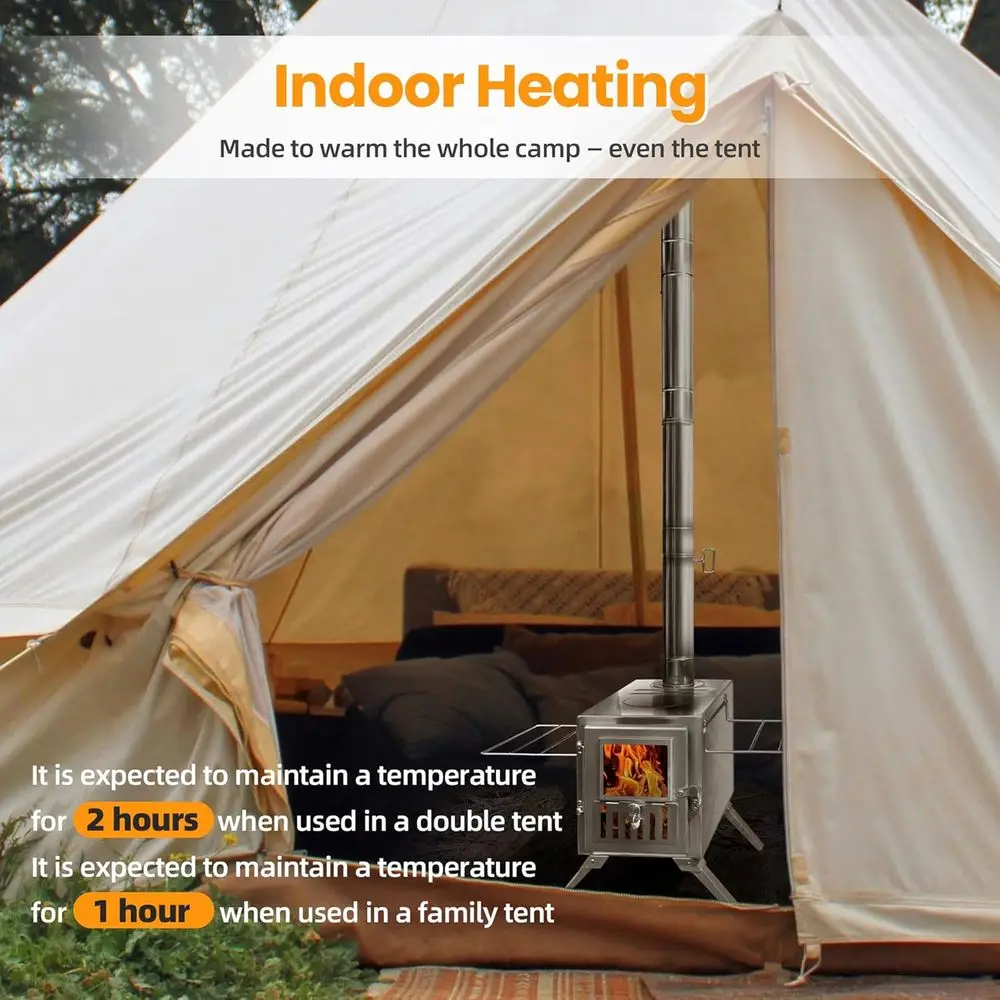 Holzofen, tragbarer Campingkocher mit Kaminrohren, Frontfenster, Seitenständer, Mini-Holzofen für Außenzelt, Kookout, Tr