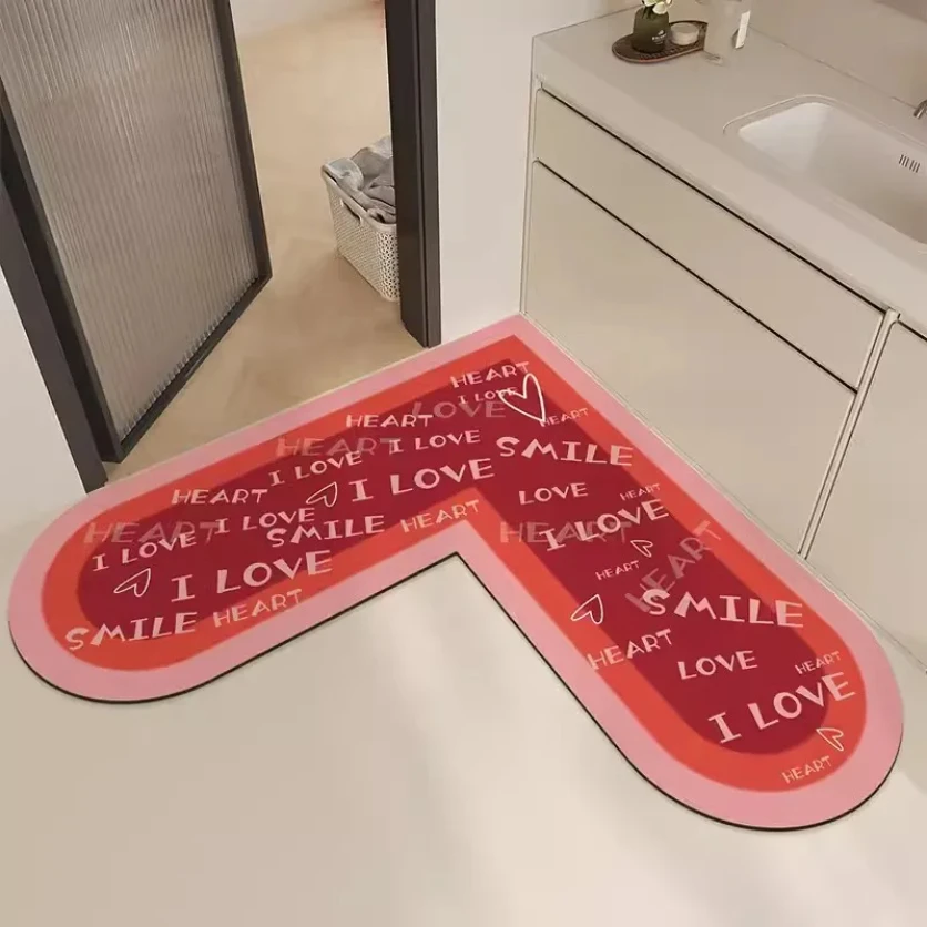 L-shaped Heart Shaped Kitchen Floor Mat Diatomaceous Mud Absorbent Home Bathroom Foot Mat Anti Slip Oil Resistant Red Carpet