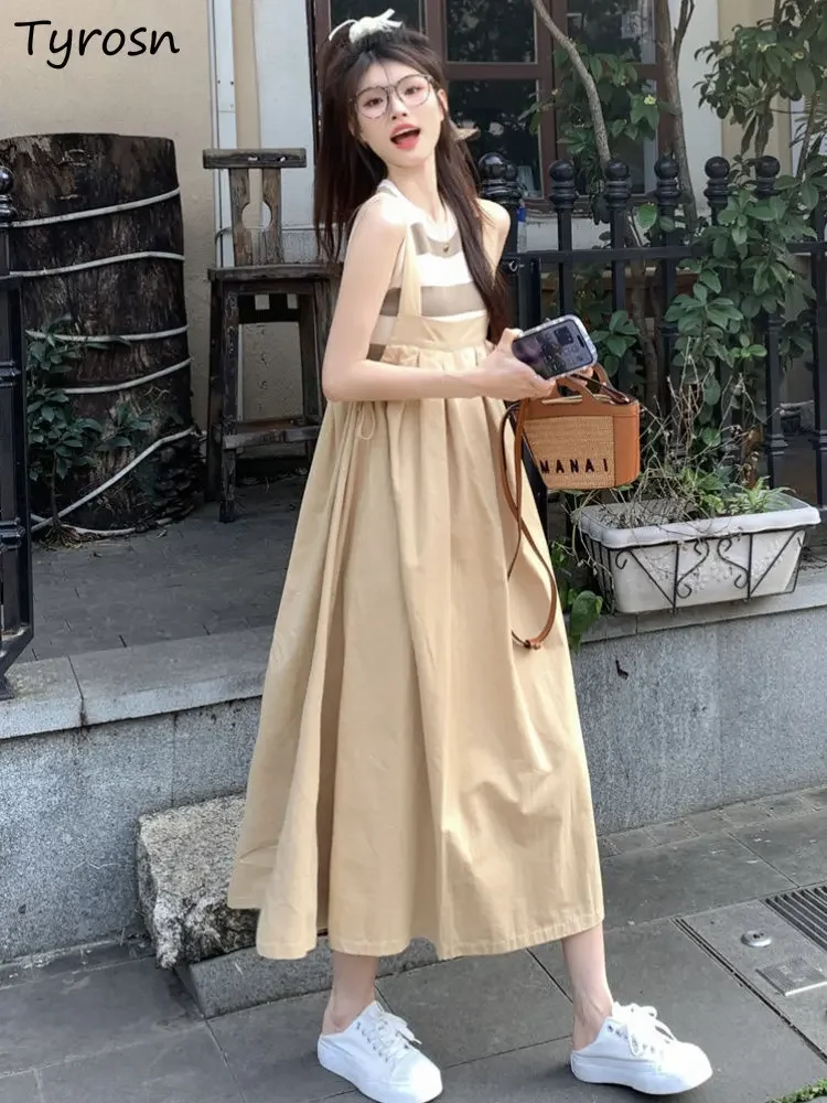 

Комплекты платьев-майки для женщин, винтажный дизайн, модные универсальные комплекты для отдыха, летние без рукавов, повседневные, элегантные, нежные, милые, со складками, в японском стиле