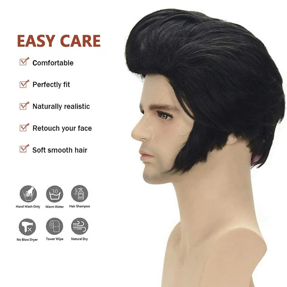 Elvis Presley Wig and Sunglasses Set For Men Black Pompadour With Sideburns 50s Rock And Roll Halloween Cosplay Costume
