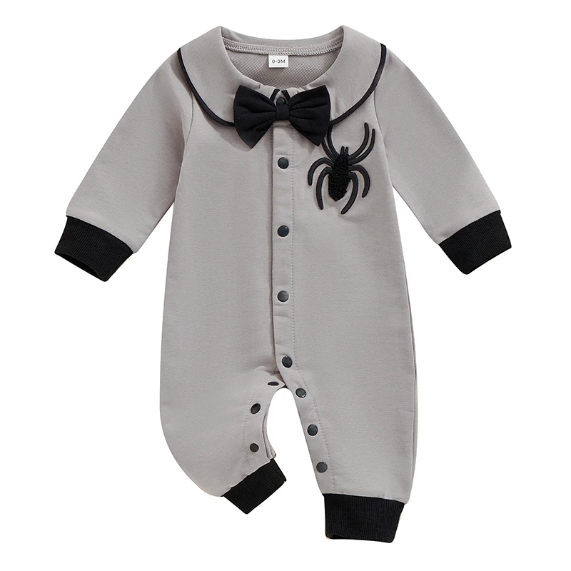 Baby Boy Halloween Romper Spider Embroidered Bow Tie Long Sleeve Lapel Neck Button-up Fall Jumpsuits