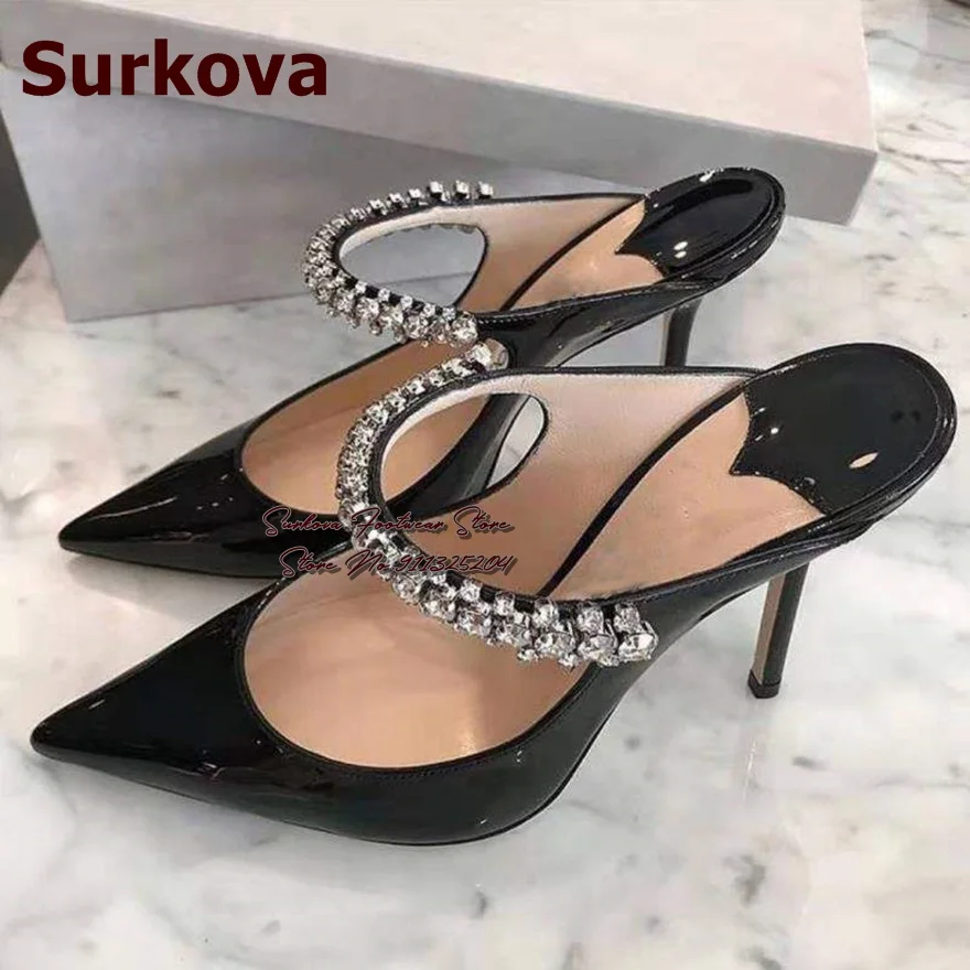 

Surkova Red Black Patent Leather High Heel Modern Slippers Glittering Silver Crystal Strap Wedding Shoes Shallow Slip-on Pumps