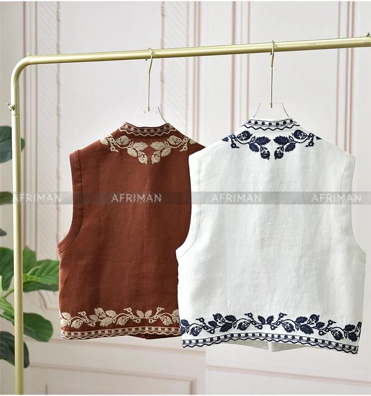 Ethnic Style Linen Embroidered Vest Jacket + Shorts Two-piece Fashionable Set Women\'s Summer Vacation