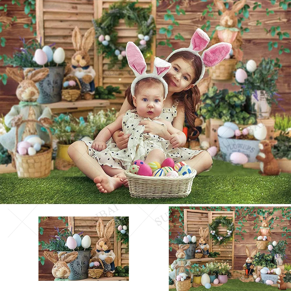 

Easter Backdrops for Photography Decoration Green Meadow Wooden Board Eggs Carrot Flowers Rabbit Child Photograpic Studio Props