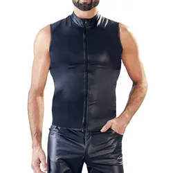 Men Sexy PU Faux Leather Sleeveless Zip T-Shirt Tops Party Club Bar Stage Performance Costume Tee T Shirts