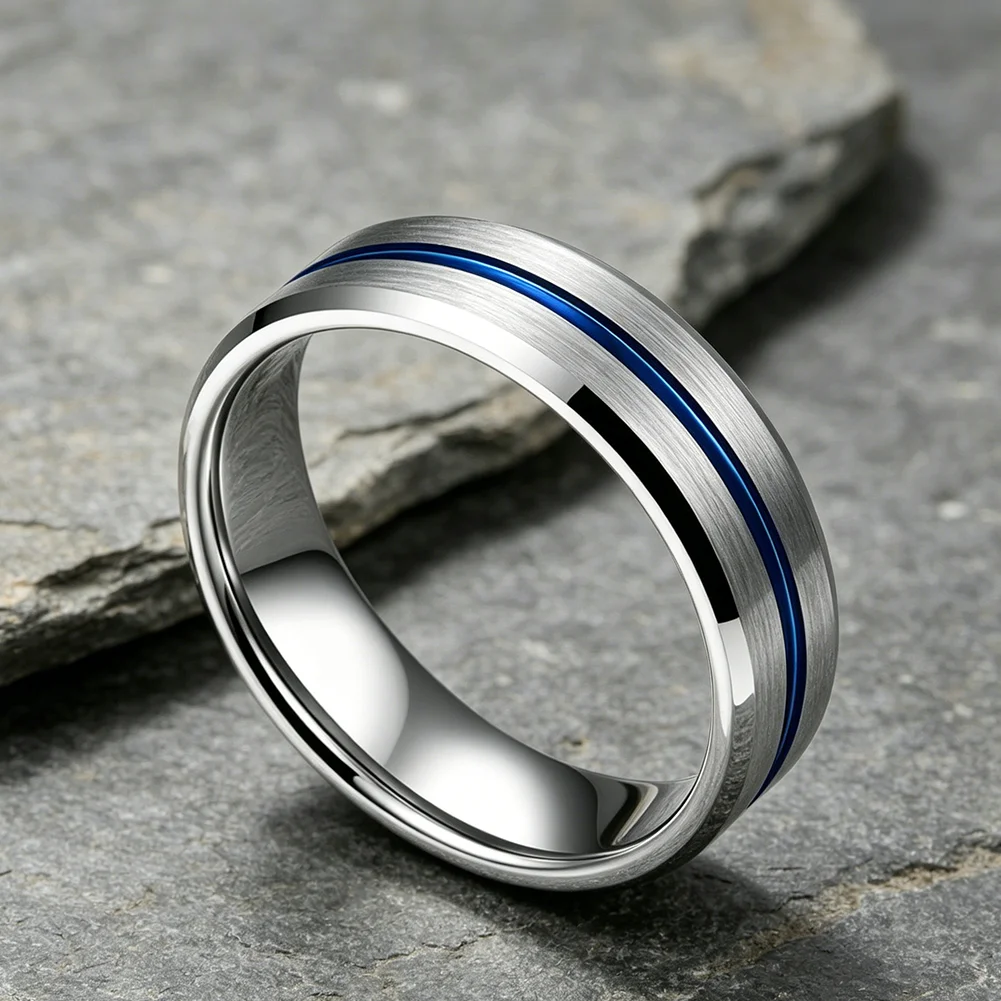 Blauer 4-mm-Ehering aus Wolfram für Männer und Frauen, modische Ringe mit abgeschrägten Kanten, gebürstete Oberfläche, bequeme Passform – Detail 9
