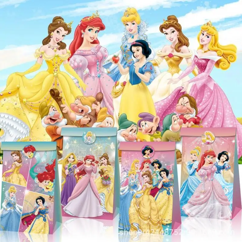 Disney Carton Candy Gift Box 12Pcs Anime Princess Kraft Paper Bag Sticker Portable Paper Box Child Party Paper Bag Wholesale