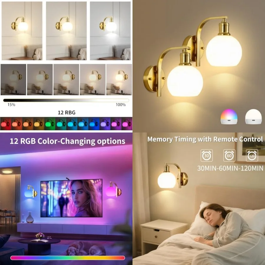 

Battery Operated Wall Sconce Set of 2, Wireless Rechargeable Wall Lights with Milky Frosted Shade, 12 RGB and 3CCT Dimmable Cor