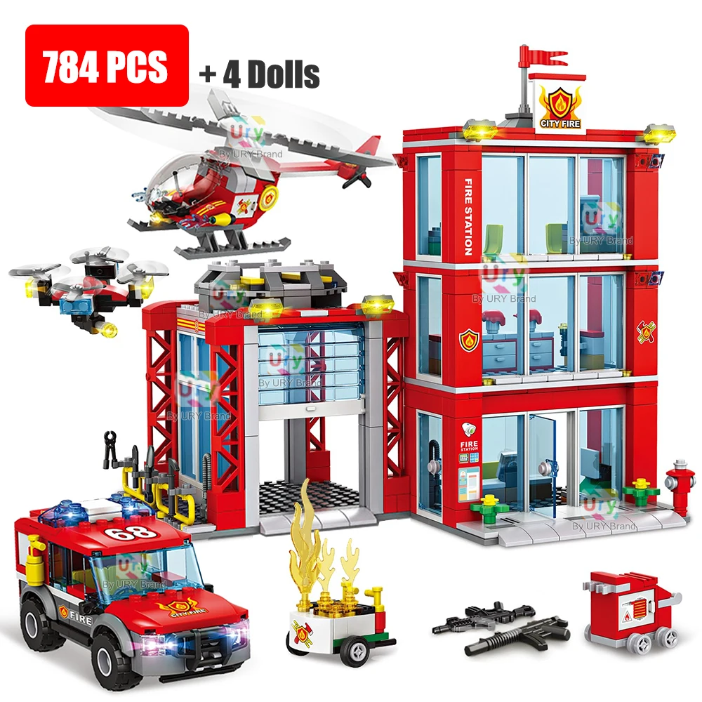 

City Fire Station Truck Helicopter Car Rescue Vehicle fighter Figure Aircraft Model Moc Building Block Toy for Boy Gift