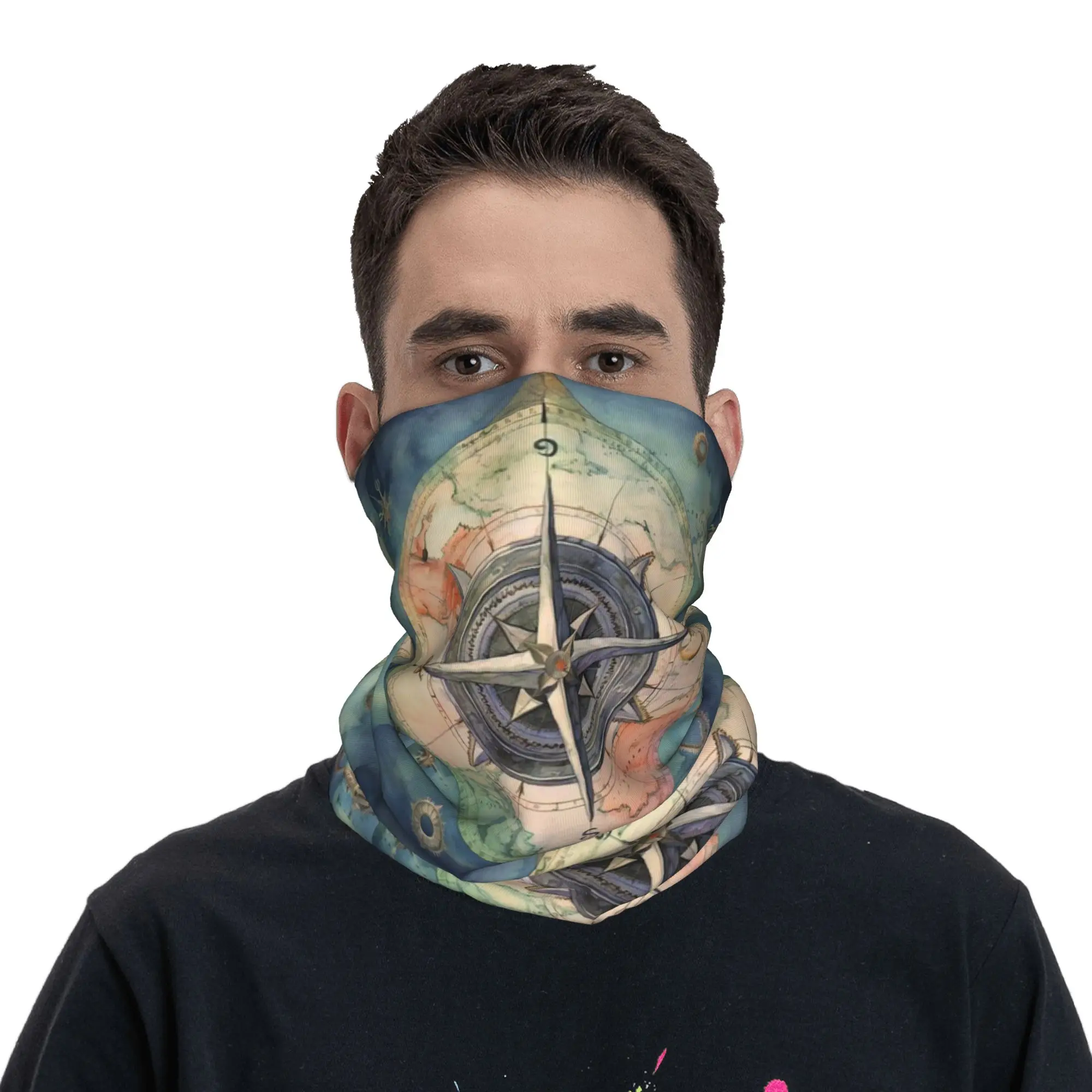 Compass pattern Bandana Neck Gaiter Printed Wrap Mask Scarf Warm Balaclava Hiking Fishing Unisex Adult