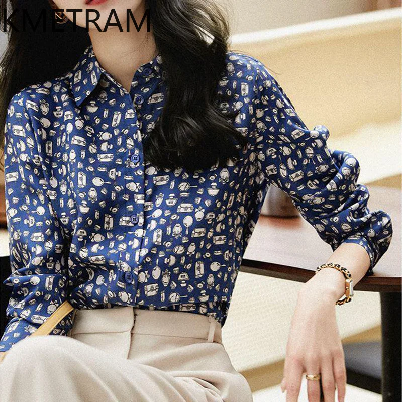 

KMETRAM Spring Real Mulberry Silk Blouse Woman Luxury Floral Tops for Woman Clothing Summer 2025 Polo-Neck Shirts Блузка Женская