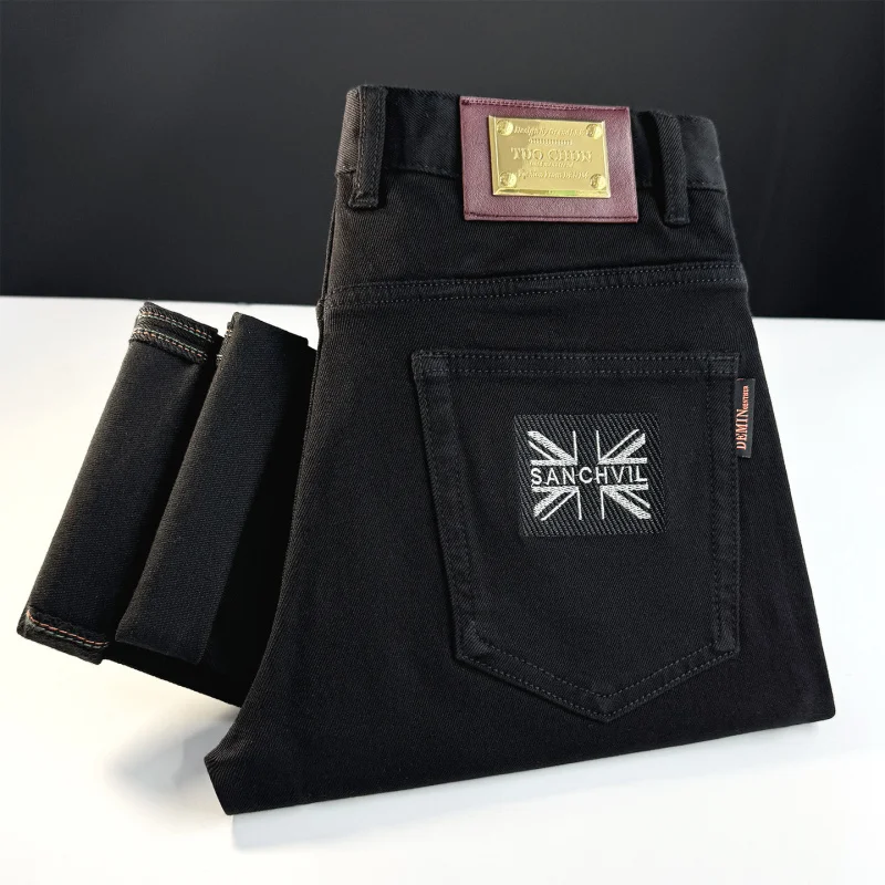 

High end embroidered pure black jeans for men, casual slim fit, small feet, autumn elastic denim, fashionable pants