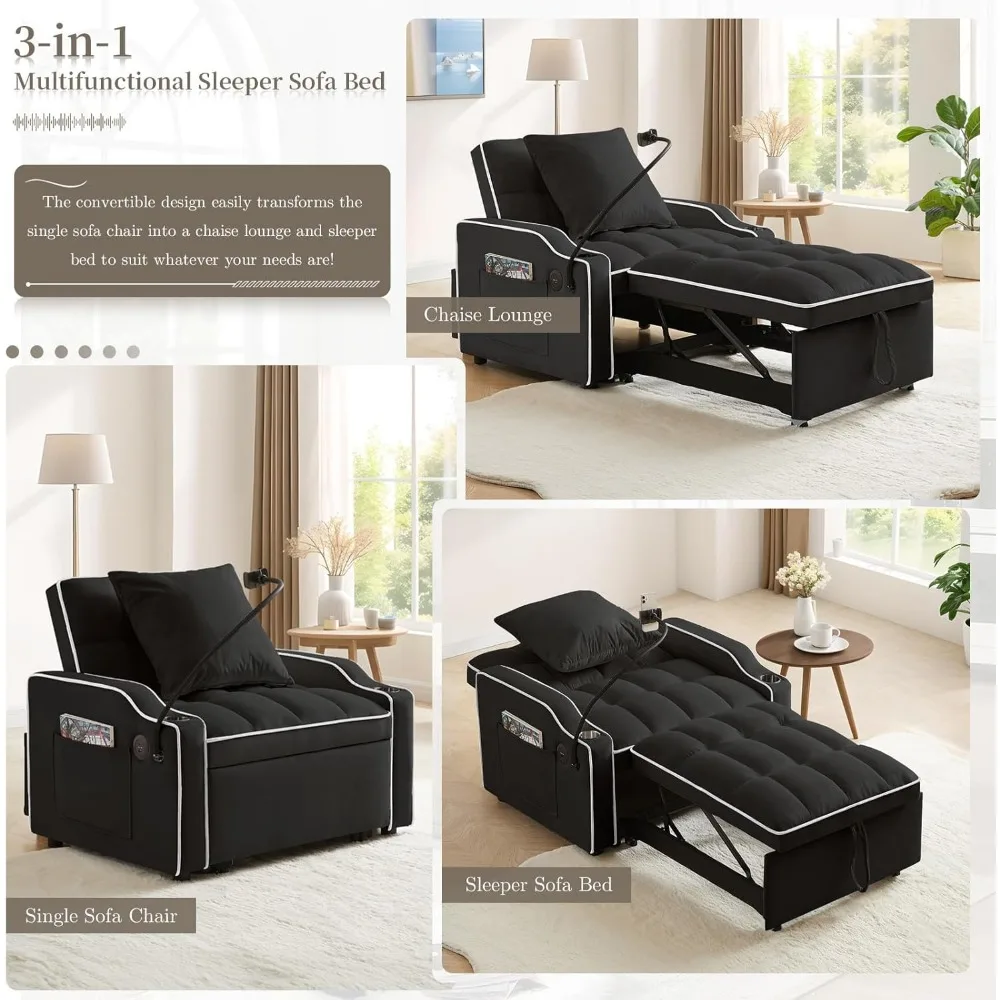 سرير كرسي أريكة قابل للتحويل، سرير أريكة فوتون صغير مخملي 3 في 1 مع حامل هاتف ومنافذ USB، أريكة قابلة للسحب #6