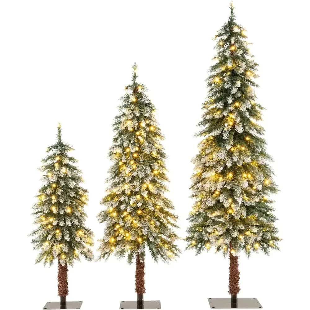 Christmas Tree Set of 3, Slim Pencil Xmas Trees with Snowy Leaves, Metal Plate Base, Holiday Party Seasonal Office Home Decor