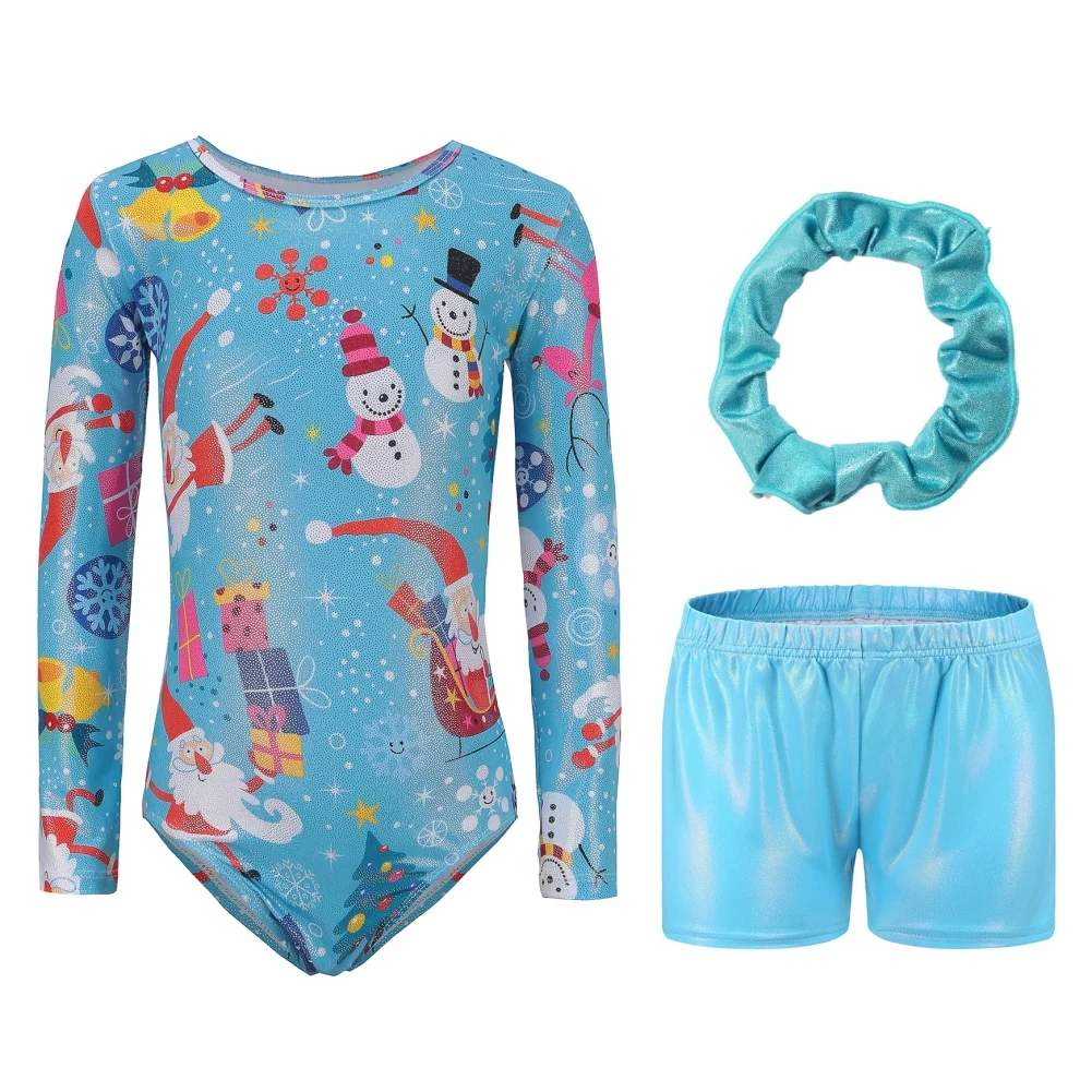 

Kids Girls Long Sleeve Ballet Dance Leotards Snowman Pumpkin Printed Bodysuit with Shorts Headband Set Skating Unitard Dancewear