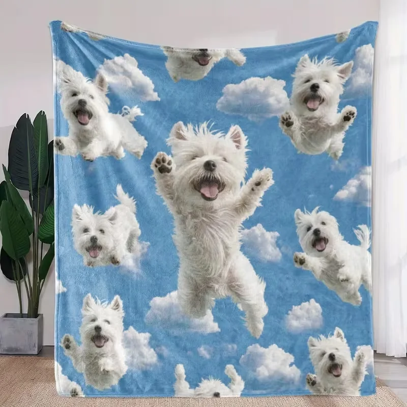 West Highland White Terrier Flannel Throw Blanket Blue Sky Cloud Cute Puppy Print Soft Warm Blanket Sofa Bed All Season Decor