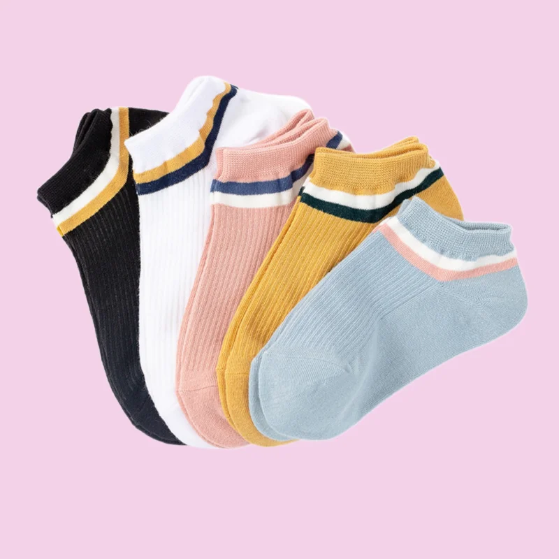 

5/10 Pairs 2024 New Women's Socks Vertical Striped Cotton Boat Socks Low-top College Style Anti-drop Heel Invisible Socks