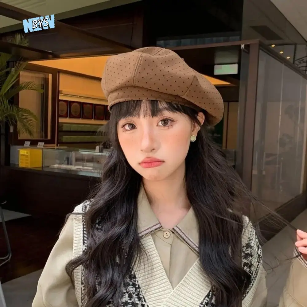 

Artistic Cotton Polka Dot Beret Hat Keep Warm Korean Style Women Painter Hat Cloud Hat Versatile Women Octagonal Cap Girl