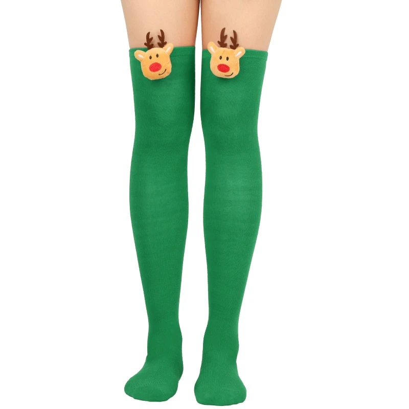 M2EA Women Cute 3D Plush Deer Striped Over Knee Long Socks Thigh High Stockings for Christmas Cosplay Party Costume Hosiery