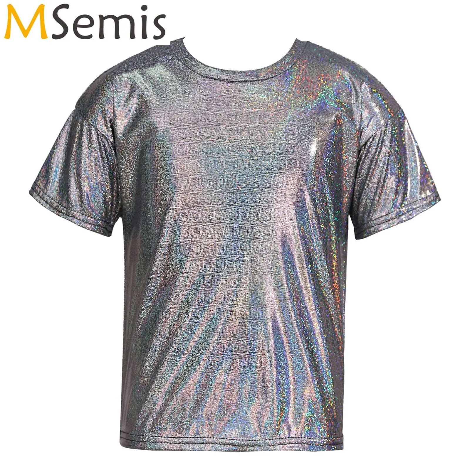 Children\'s Jazz Hip Hop Dance Top Performance Costume Kids Girls Boys Dance Wear Metallic Shiny T-shirt Sparkly Jazz Dance Tops