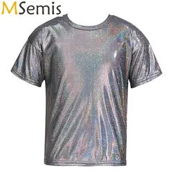 Disfraz de baile de Hip Hop para niños, Ropa de baile para niños, Camiseta brillante metálica, Tops de baile de Jazz brillantes