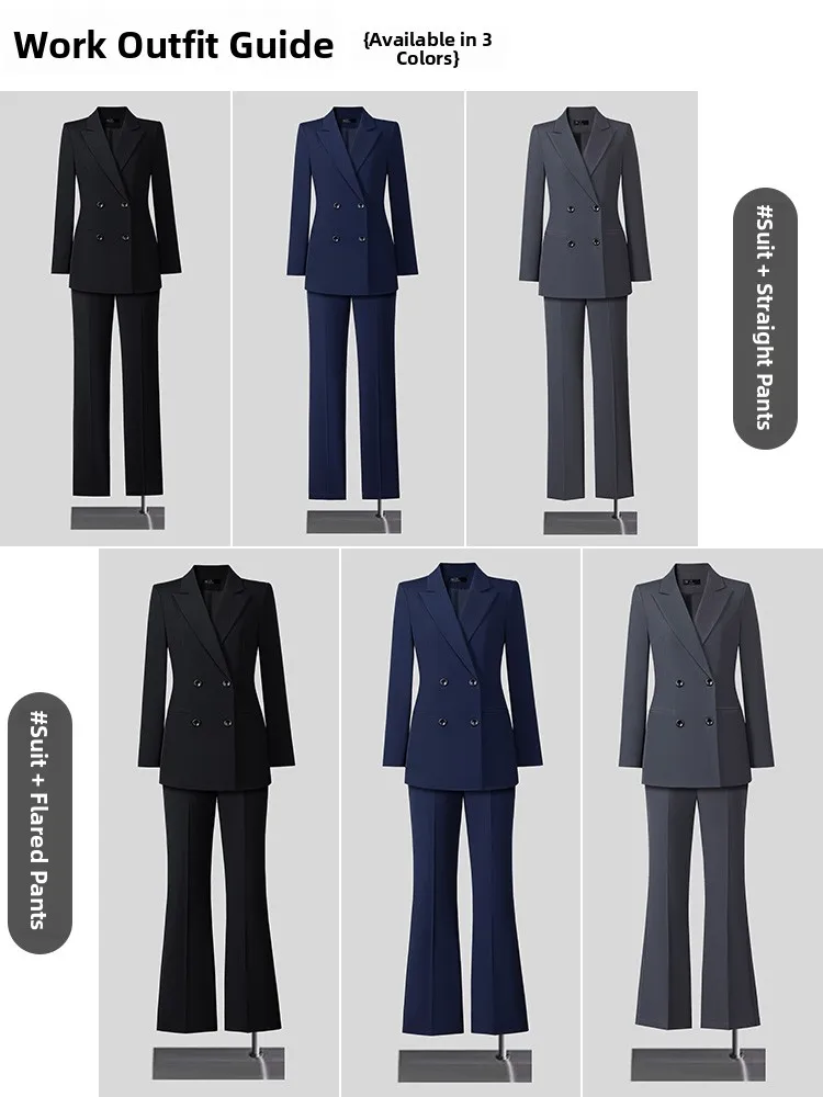 Black Suit Jacket Women's Premium Feel Interview Formal Professional Double Buttoned Suit Flared Pants Set Commute Style Slim...
