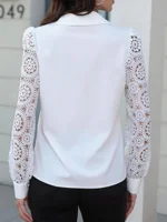 Chemisier blanc brodé de dentelle de style européen pour femme - Col en V, manches longues, chemise élégante pour tenue de bureau 2