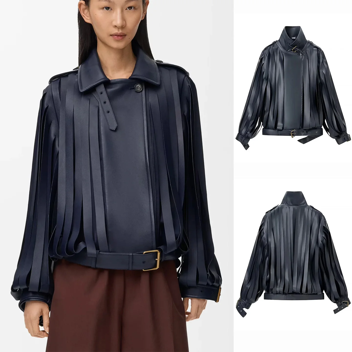 

Winter New Women's Motorcycle Sle PU Leather ort Jaet with Fringe Decor Long Sve Turn-down Collar Button Closure Coat