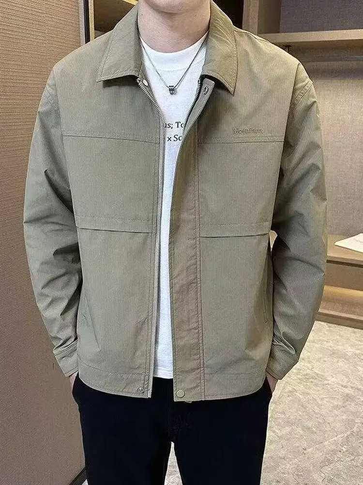 

Новая мужская повседневная куртка 2025 года с воротником, модная универсальная верхняя одежда для весны и осени, свободный крой, полиэстер, застежка-молния