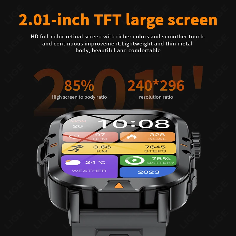 2.01-inch HD Screen Men Smart Watch with Flashlight Outdoor Sports Men's Watch IP68 Waterproof Health Monitoring Call Smartwatch