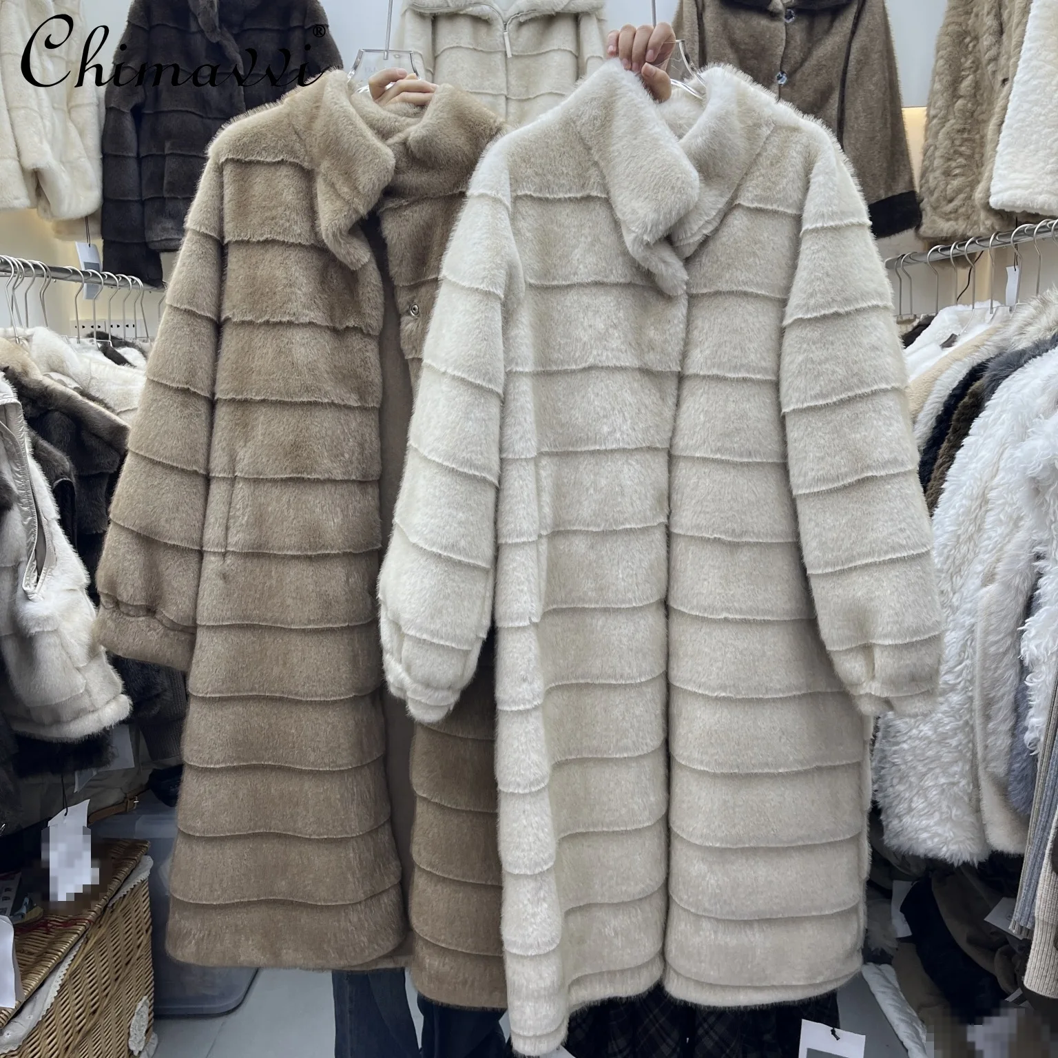 

2025 Autumn Winter New Fashion Eco-friendly Faux Fur Mid-length Coat Long Sleeve Loose Warm Thickened Trench Coat Jacket