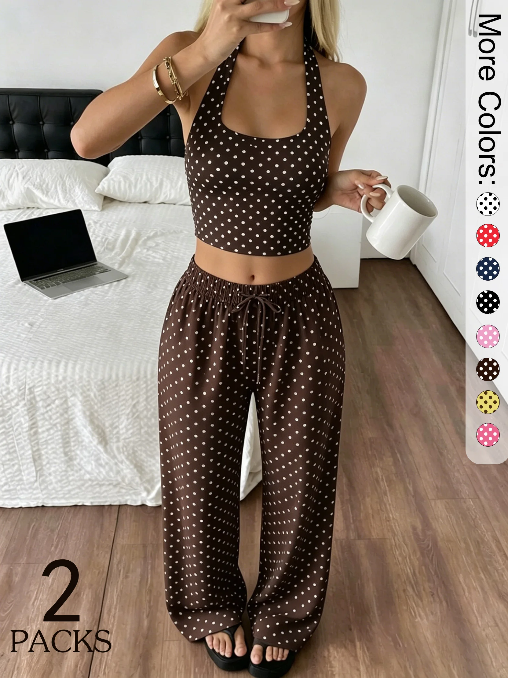 Damen Polka Dot 2-teiliges Set, Neckholder-Crop-Top, Hose mit weitem Bein und Kordelzug, trendige Sommerkleidung, passende Sets für Damen, Urlaubsoutfits – Detail 1